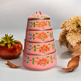 Hand Painted 4 Tier Steel Tiffin Box - Pink